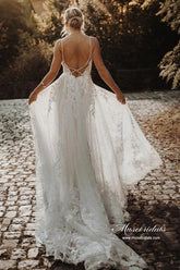Ivory Tulle A-line V-neck Lace Appliques Wedding Dress, Bridal Gown